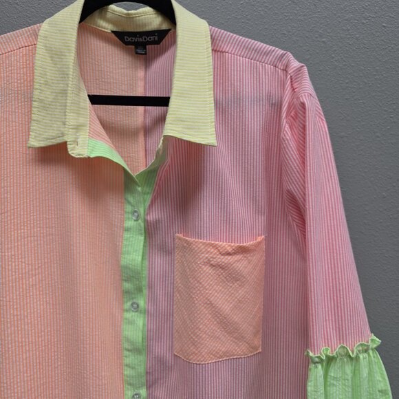 Davi Dani Dress Womens 1XL Pastel Stripe Colorblock Ruffle Hem Button Front - Picture 2 of 10